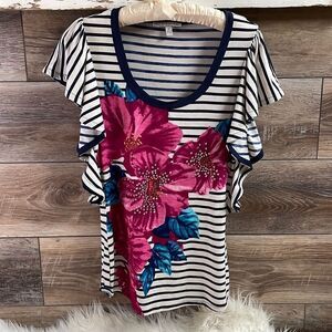 Moa Moa Women’s Flutter Sleeve Striped Sequin Blouse Size Small Navy Blue Floral